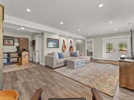 Fireplace, Interior, Living room, Recessed Lighting, Wood Texture Flooring
