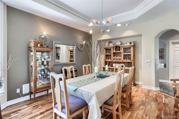 Dining room, Interior, Pendant Lights, Wood Texture Flooring