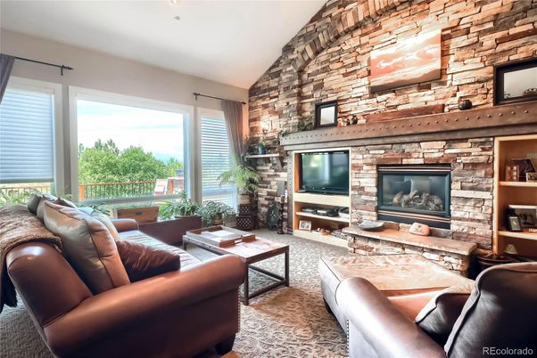 Fireplace, Interior, Living room, Recessed Lighting, Stone Walls