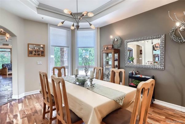 Dining room, Interior, Pendant Lights, Wood Texture Flooring