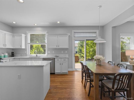 Dining room, Interior, Kitchen, Pendant Lights, Recessed Lighting, Wood Texture Flooring