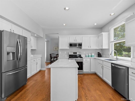 Interior, Kitchen, Recessed Lighting, Stainless Steel Appliances, Wood Texture Flooring