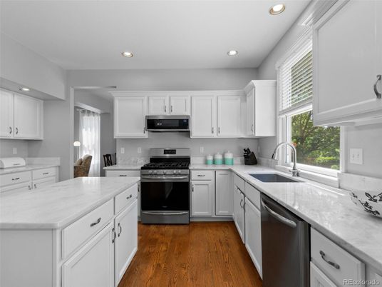 Interior, Kitchen, Recessed Lighting, Stainless Steel Appliances, Wood Texture Flooring