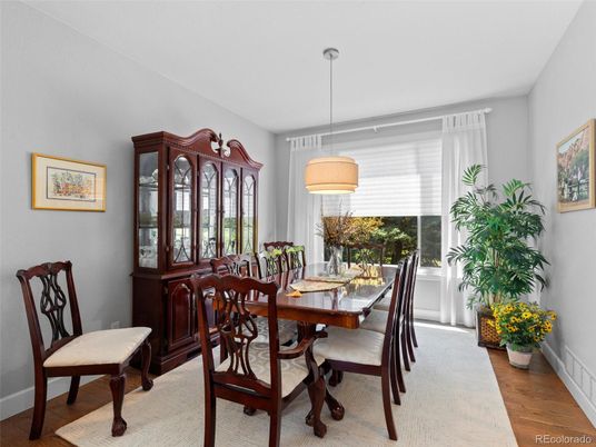 Dining room, Interior, Pendant Lights, Wood Texture Flooring