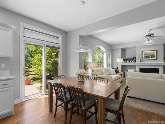 Dining room, Fireplace, Interior, Living room, Pendant Lights, Wood Texture Flooring