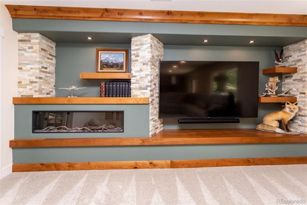 Fireplace, Interior, Recessed Lighting, Stone Walls
