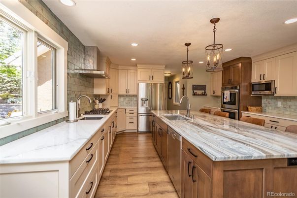 Interior, Kitchen, Pendant Lights, Recessed Lighting, Stainless Steel Appliances, Wood Texture Flooring