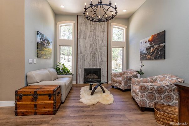 Chandelier, Fireplace, Interior, Recessed Lighting, Wood Texture Flooring