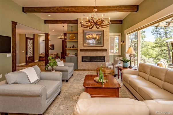 Chandelier, Fireplace, Interior, Living room, Recessed Lighting, Wooden Beams