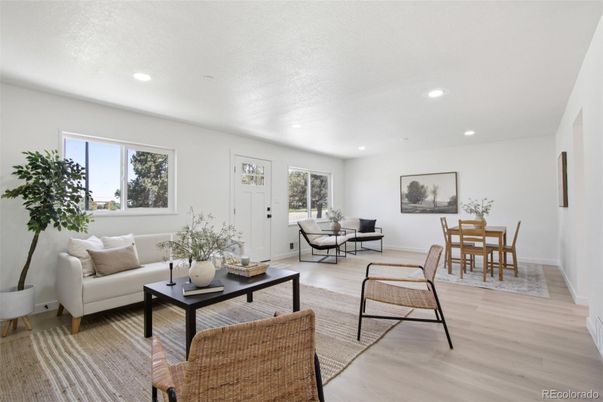 Dining room, Interior, Living room, Recessed Lighting, Wood Texture Flooring