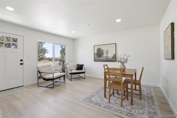 Dining room, Interior, Recessed Lighting, Wood Texture Flooring