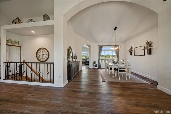 Dining room, Interior, Pendant Lights, Recessed Lighting, Wood Texture Flooring