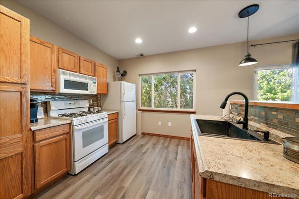 Interior, Kitchen, Pendant Lights, Recessed Lighting, Wood Texture Flooring