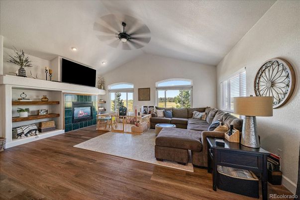 Fireplace, Interior, Living room, Recessed Lighting, Wood Texture Flooring