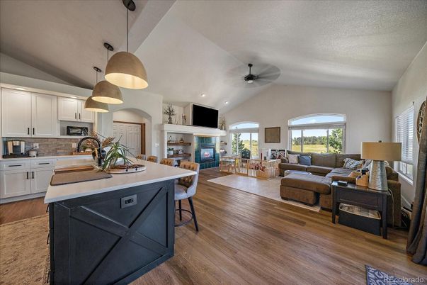 Fireplace, Interior, Kitchen, Living room, Pendant Lights, Recessed Lighting, Wood Texture Flooring