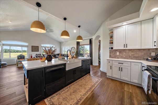 Interior, Kitchen, Pendant Lights, Recessed Lighting, Wood Texture Flooring