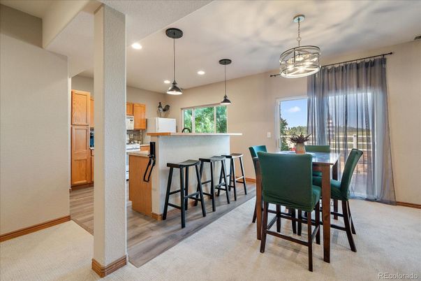 Dining room, Interior, Kitchen, Pendant Lights, Recessed Lighting, Wood Texture Flooring