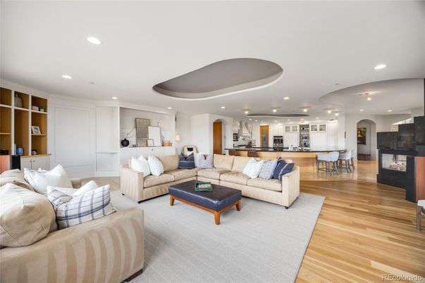 Fireplace, Interior, Kitchen, Living room, Recessed Lighting, Wood Texture Flooring