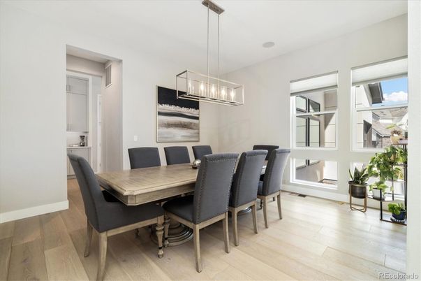 Dining room, Interior, Pendant Lights, Wood Texture Flooring