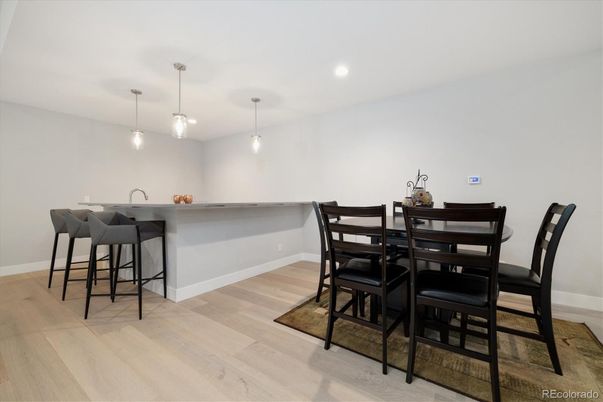 Dining room, Interior, Pendant Lights, Recessed Lighting, Wood Texture Flooring