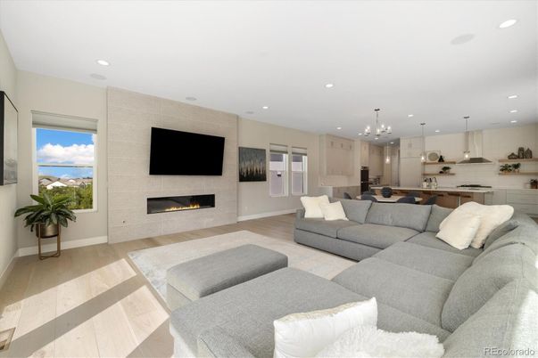 Fireplace, Interior, Kitchen, Living room, Pendant Lights, Recessed Lighting, Wood Texture Flooring