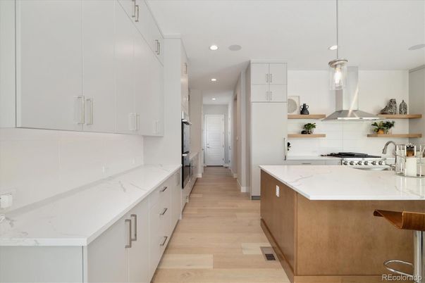 Interior, Kitchen, Pendant Lights, Recessed Lighting, Wood Texture Flooring
