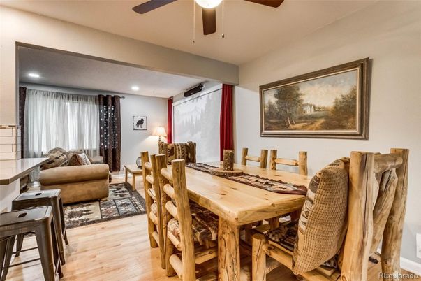 Dining room, Interior, Living room, Recessed Lighting, Wood Texture Flooring