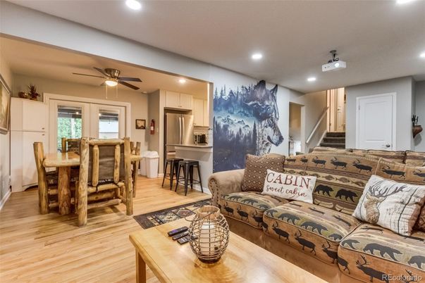 Dining room, Interior, Kitchen, Living room, Recessed Lighting, Stainless Steel Appliances, Wood Texture Flooring