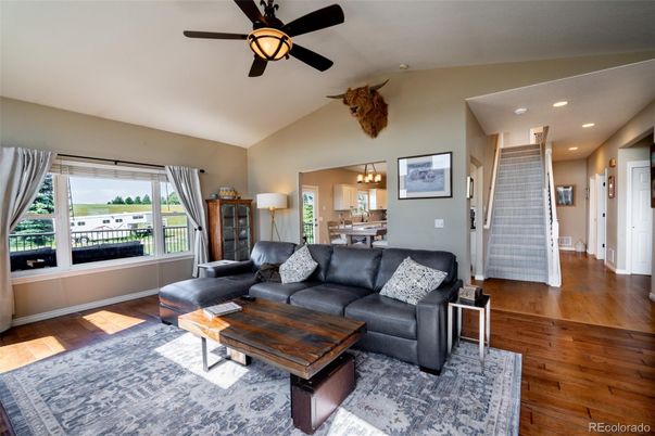 Dining room, Interior, Living room, Pendant Lights, Recessed Lighting, Wood Texture Flooring