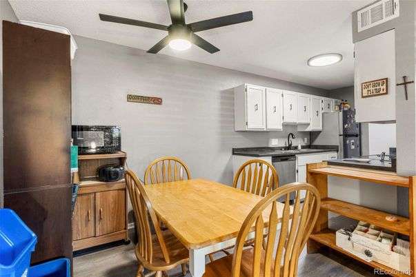 Dining room, Interior, Kitchen, Recessed Lighting, Wood Texture Flooring