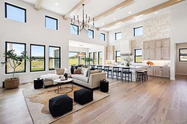 Dining room, Interior, Kitchen, Living room, Pendant Lights, Recessed Lighting, Stone Walls, Wooden Beams, Wood Texture Flooring