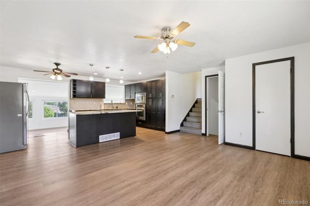 Interior, Kitchen, Pendant Lights, Recessed Lighting, Stainless Steel Appliances, Wood Texture Flooring