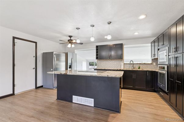 Interior, Kitchen, Pendant Lights, Recessed Lighting, Wood Texture Flooring