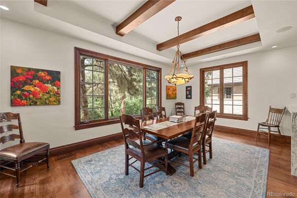 Dining room, Interior, Pendant Lights, Recessed Lighting, Wooden Beams, Wood Texture Flooring