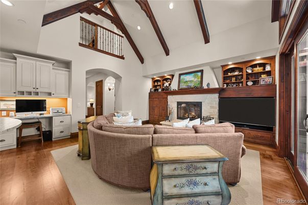 Fireplace, Interior, Kitchen, Living room, Recessed Lighting, Wooden Beams, Wood Texture Flooring