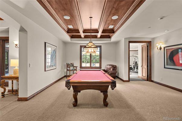 Billiard Table, Game Room, Interior, Pendant Lights, Recessed Lighting, Wooden Ceilings