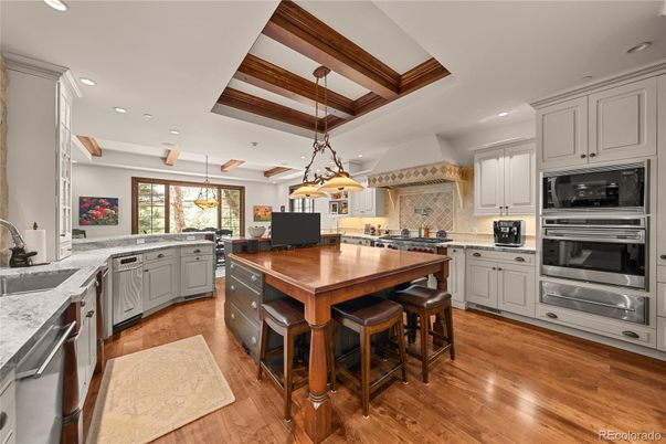 Interior, Kitchen, Pendant Lights, Recessed Lighting, Stainless Steel Appliances, Wooden Beams, Wood Texture Flooring