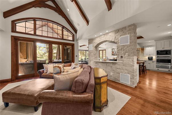 Interior, Kitchen, Living room, Recessed Lighting, Stainless Steel Appliances, Stone Walls, Wooden Beams, Wood Texture Flooring