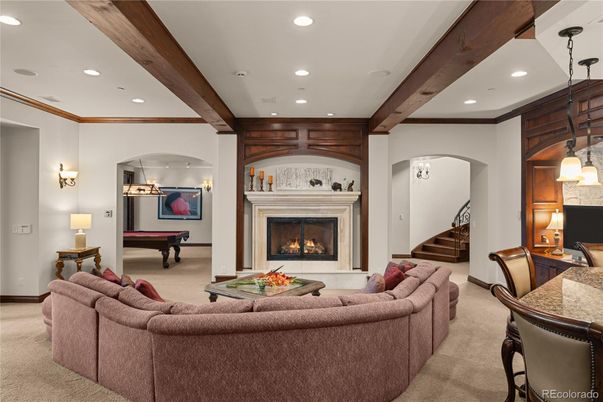 Billiard Table, Fireplace, Game Room, Interior, Living room, Pendant Lights, Recessed Lighting, Wooden Beams