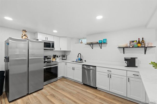 Interior, Kitchen, Recessed Lighting, Stainless Steel Appliances, Wood Texture Flooring