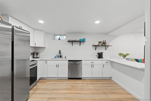 Interior, Kitchen, Recessed Lighting, Stainless Steel Appliances, Wood Texture Flooring