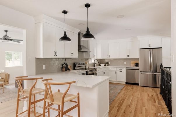 Interior, Kitchen, Pendant Lights, Stainless Steel Appliances, Wood Texture Flooring