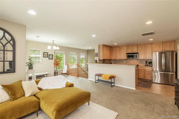 Chandelier, Dining room, Interior, Kitchen, Living room, Recessed Lighting, Stainless Steel Appliances