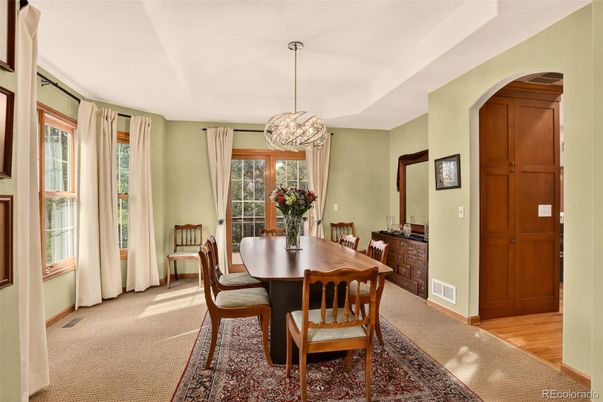 Dining room, Interior, Pendant Lights, Wood Texture Flooring