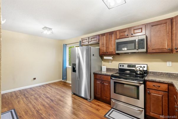Interior, Kitchen, Stainless Steel Appliances, Wood Texture Flooring
