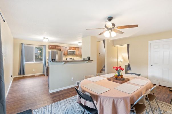 Dining room, Interior, Kitchen, Stainless Steel Appliances, Wood Texture Flooring