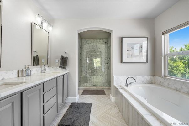 Bathroom, Dual Sink Vanities, Glass Shower, Interior, Marble Walls
