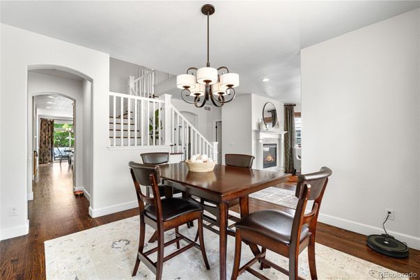Chandelier, Dining room, Fireplace, Interior, Recessed Lighting, Wood Texture Flooring