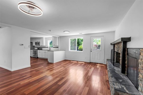 Fireplace, Interior, Kitchen, Wood Texture Flooring