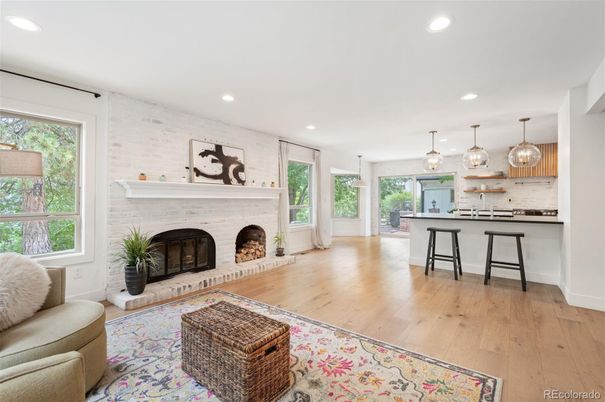 Fireplace, Interior, Kitchen, Living room, Pendant Lights, Recessed Lighting, Stone Walls, Wood Texture Flooring